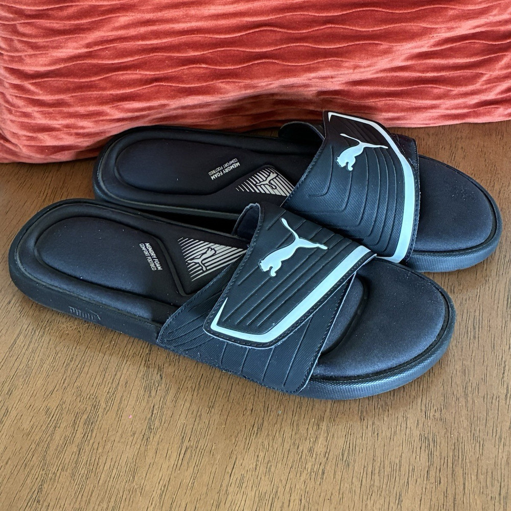 PUMA Men’s Black Slide Sandals Slip-On Synthetic Upper Logo Accents 10.5