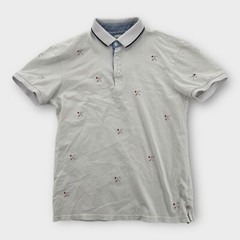 Zara Polo Shirt Mens Small White Embroidered All Over Sports Print Slim Fit