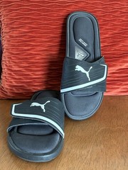 PUMA Men’s Black Slide Sandals Slip-On Synthetic Upper Logo Accents 10.5