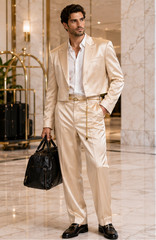 Men Champagne Satin 2 Piece Suit Cropped Blazer Prom Wedding Party Outfit